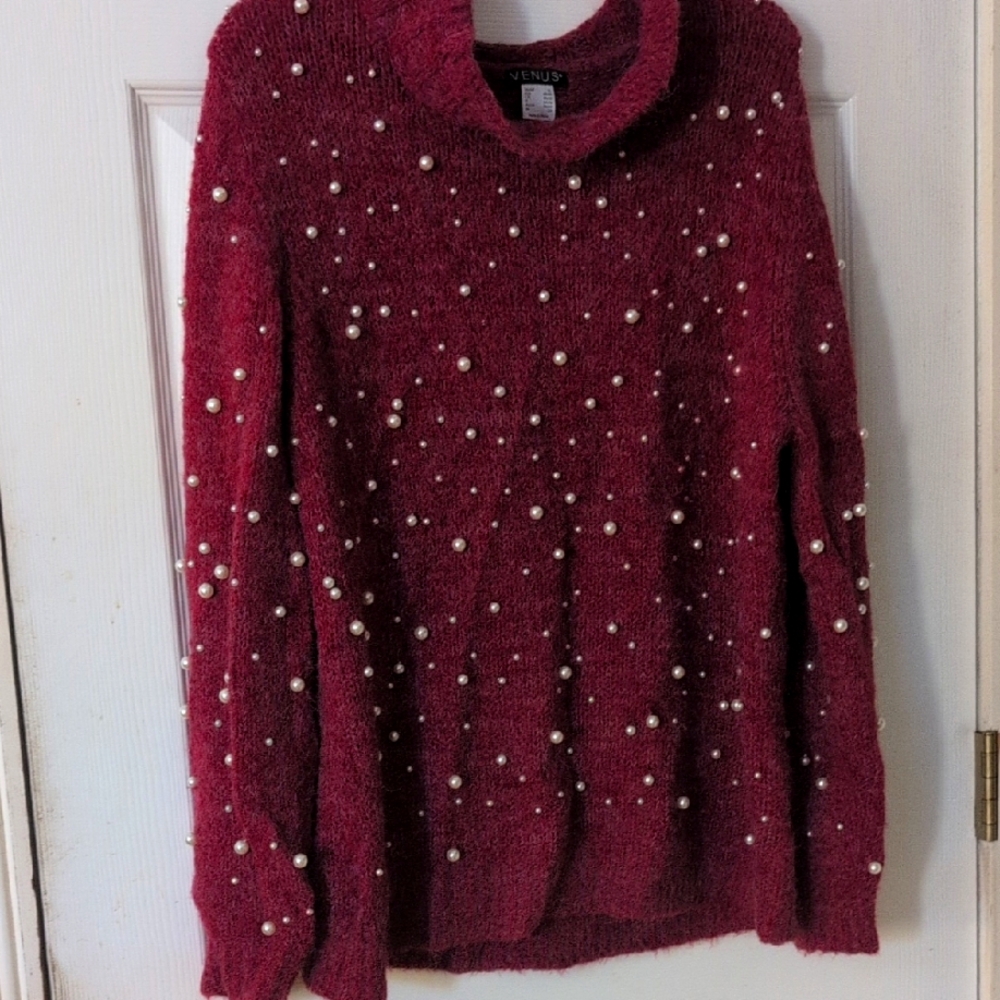 VENUS Women's Burgundy Sweater with Pearl Accents